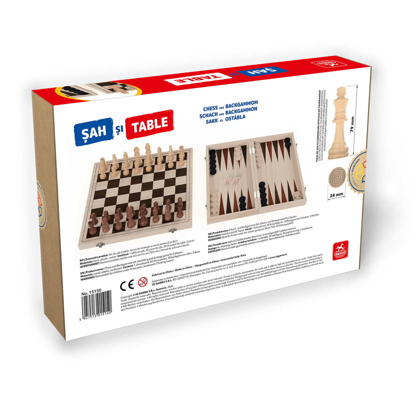 Șah și Table, Cutie Lemn, 35x35 cm, Rege 7,62 cm