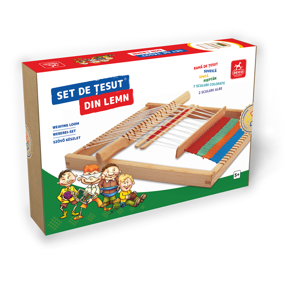 Set de țesut din lemn de fag pentru copii cu rama, suveica, pieptan si fire colorate