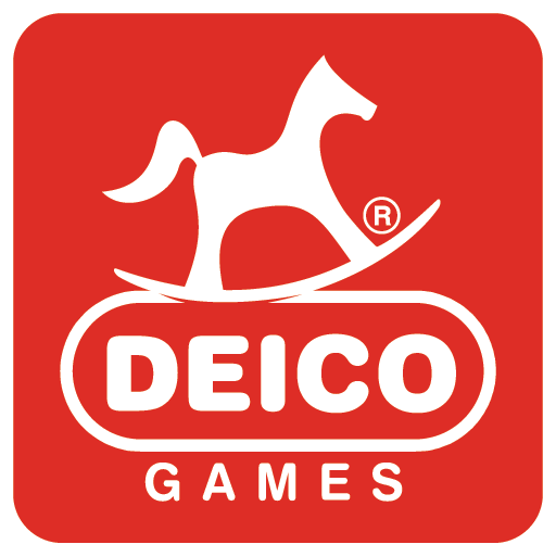 hobby-horse rocking on 'DEICO GAMES' caption on a rounded, warm (red) background and a 'registered trademark' sign
